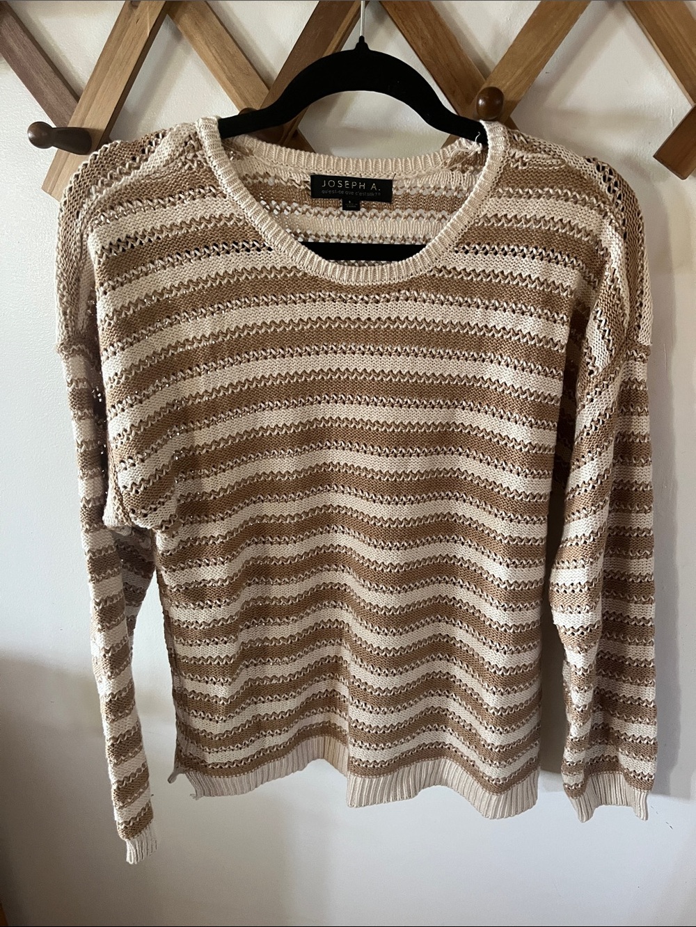 Joseph Open-Knit Crewneck Sweater in Beige and Cream Stripes